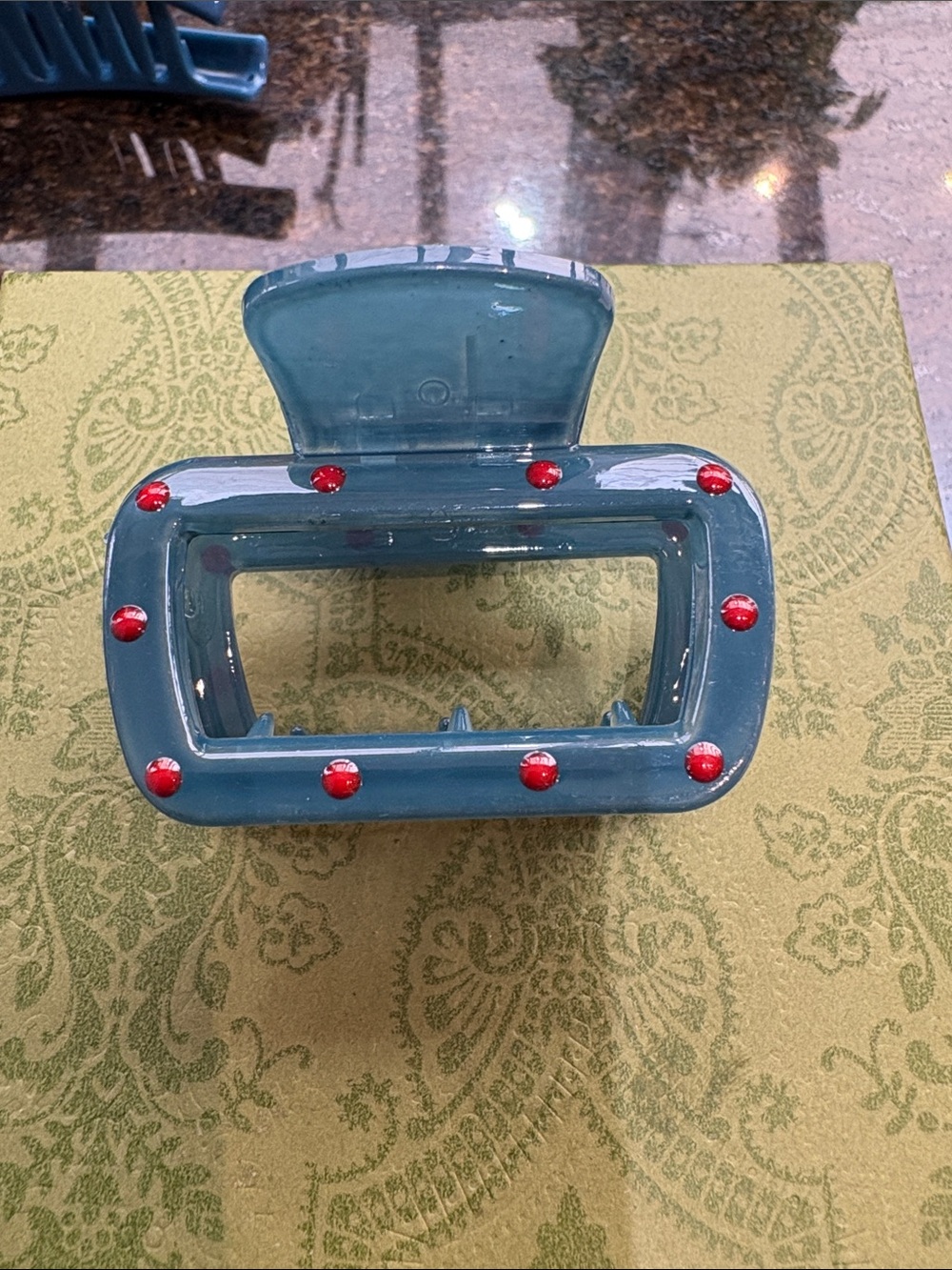 Teal Rectangle Hair Claw with Red Stud Accents